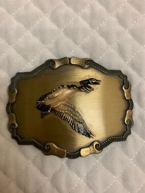 Raintree Brass Belt Buckle Flying Duck Hunting 1978